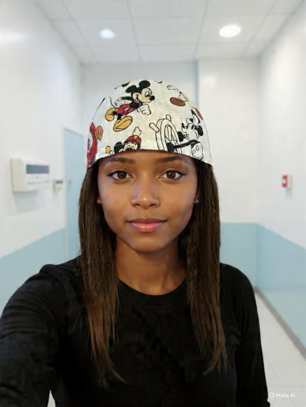 Mickey Mouse Cartoon Print Scrub Cap - White with Red, Yellow, Black